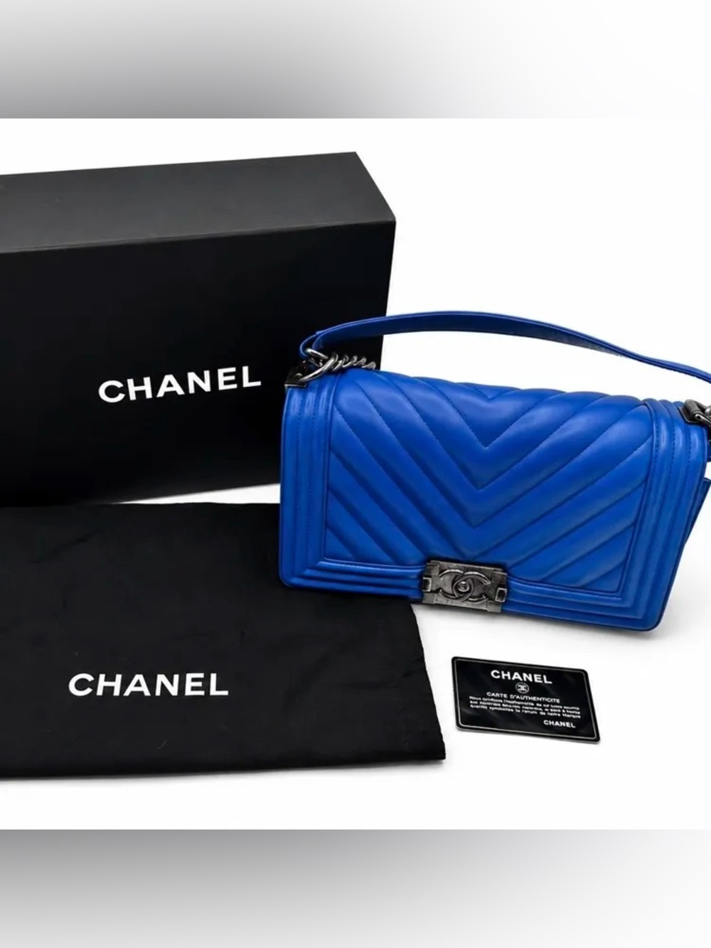 Chanel Chevron Calfskin Medium Boy Bag Cobalt Blue Ruthenium Hardware Set